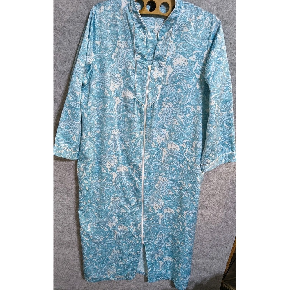Miss Elaine Relax S Blue Paisley V-Neck Nightgown Robe Pockets Loungewear EUC